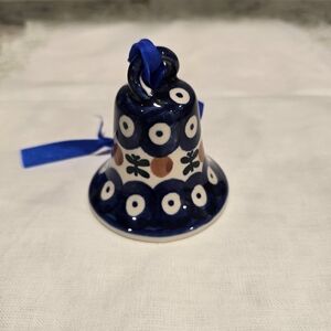 Polish Pottery Blue and White Ceramic Bell Ornament